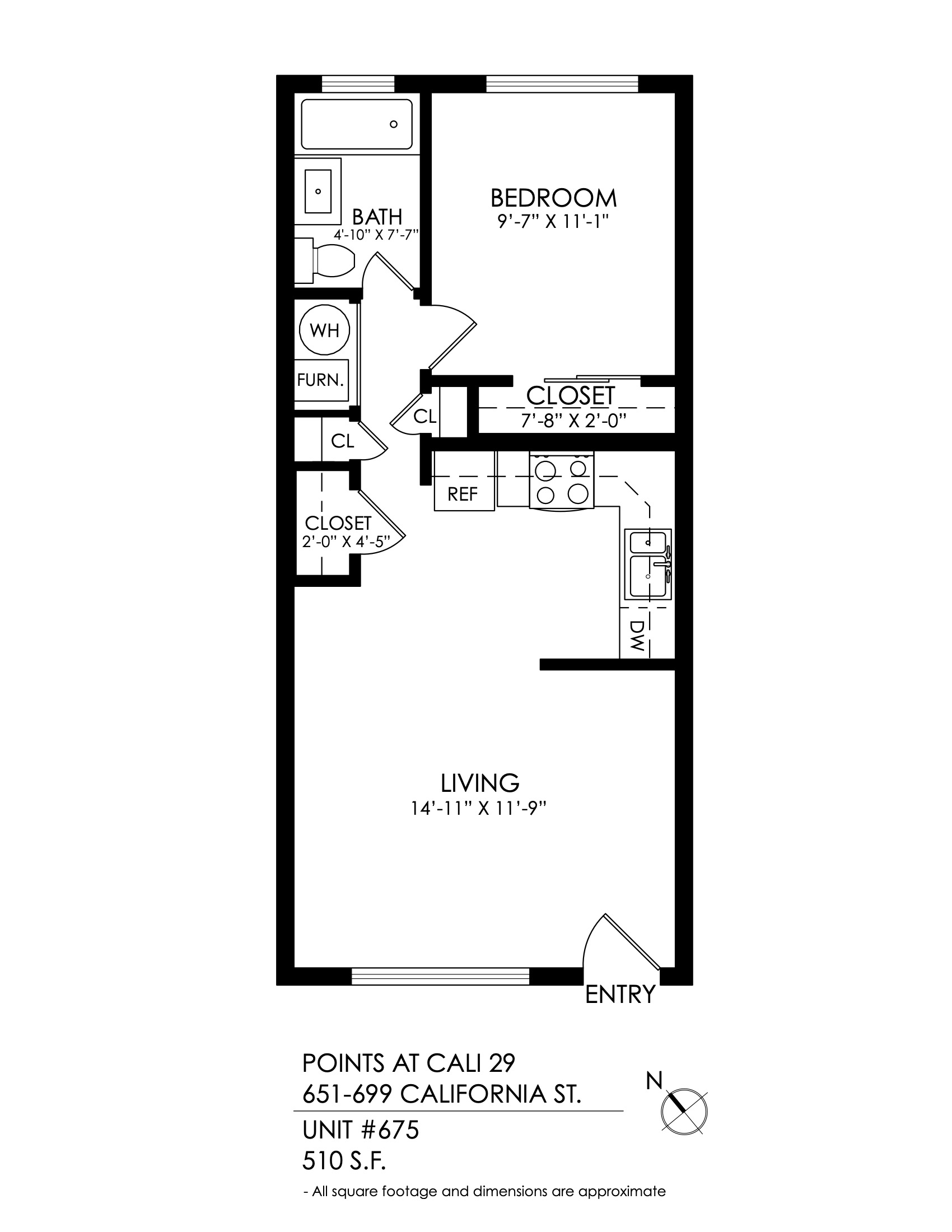 Floor plan for 1 bed, 1 bath, 510 sqft