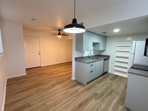 Austin apartment for rent - A kitchen with a fan hanging from the ceiling.