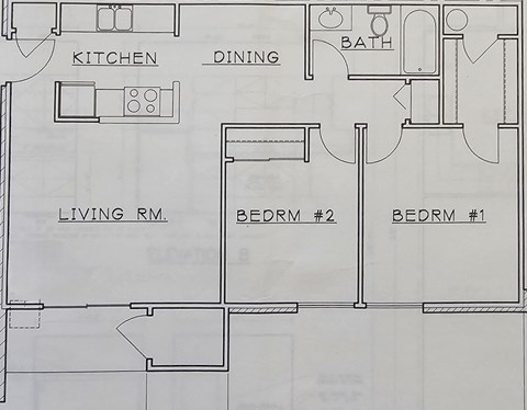 Floor plan for 2 beds, 1 bath