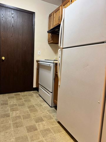 Coldwater apartment for rent - A white refrigerator stands in a kitchen next to a wooden door.