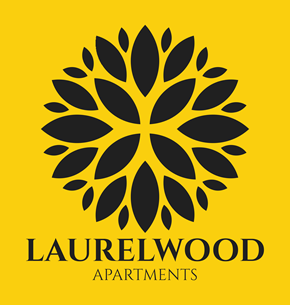 Logan apartment for rent - A logo for Laurelwood Apartments featuring a black floral design on a yellow background.