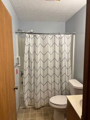 Lisbon apartment for rent - A white toilet sits in a bathroom with a shower curtain and a wooden door.