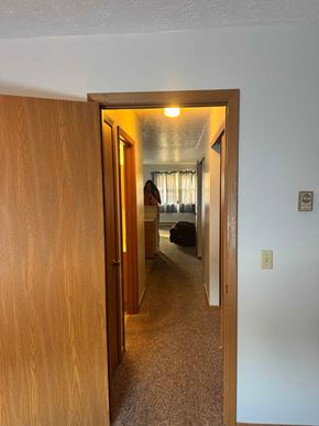 Lisbon apartment for rent - A hallway with a brown door and a carpeted floor.