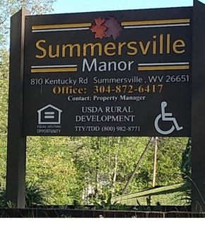 Summersville apartment for rent - A sign for Summersville Manor with contact information and logos.