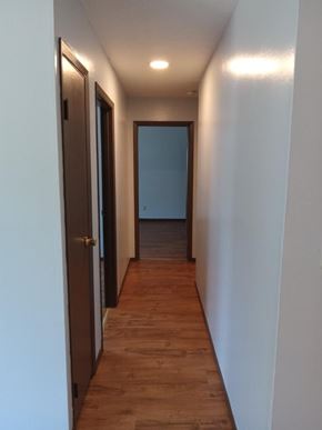 Weston apartment for rent - A long hallway with a brown door on the left and a blue door on the right.
