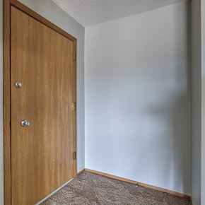 Omaha apartment for rent - A brown door is in a room with a grey carpet.
