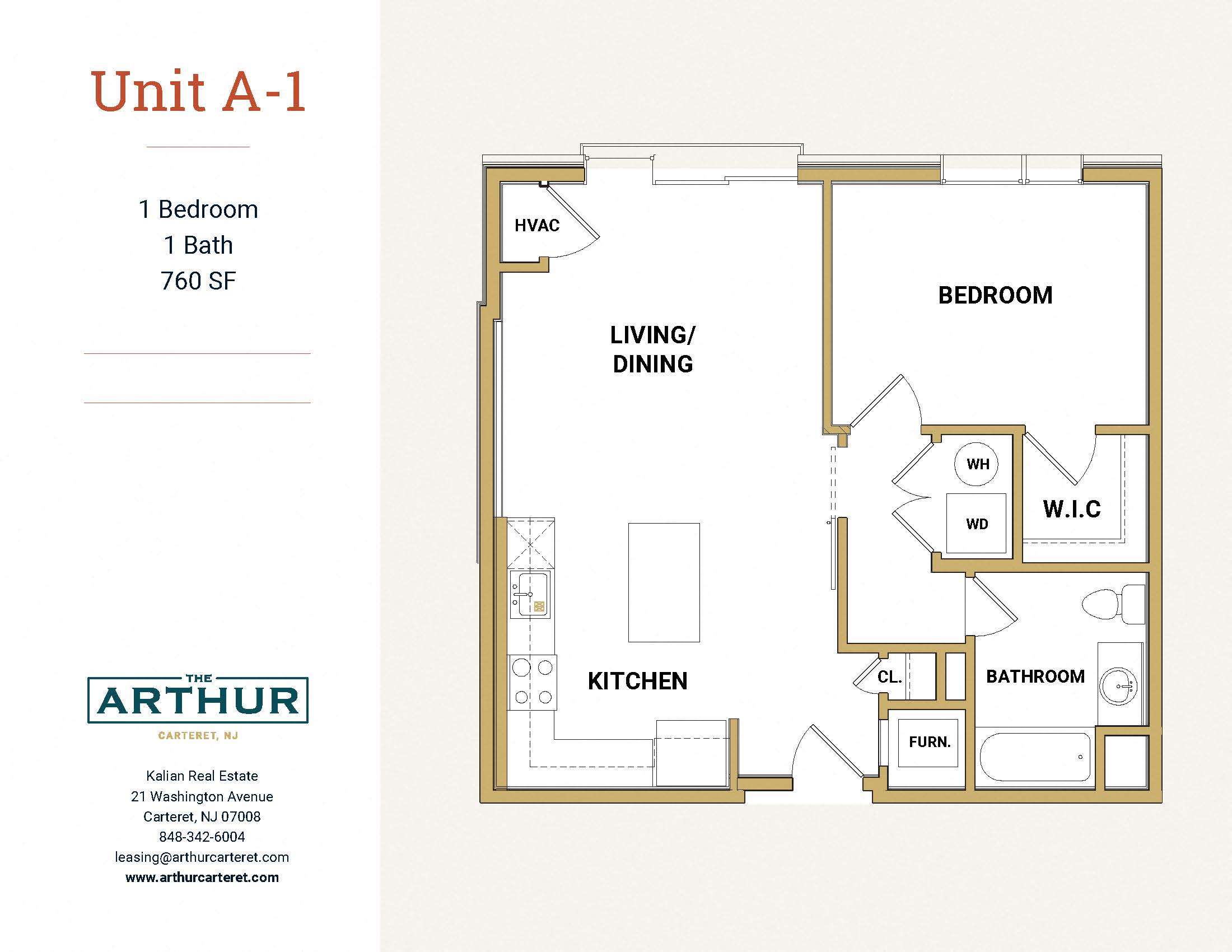 Floor plan for 1 bed, 1 bath, 760 sqft