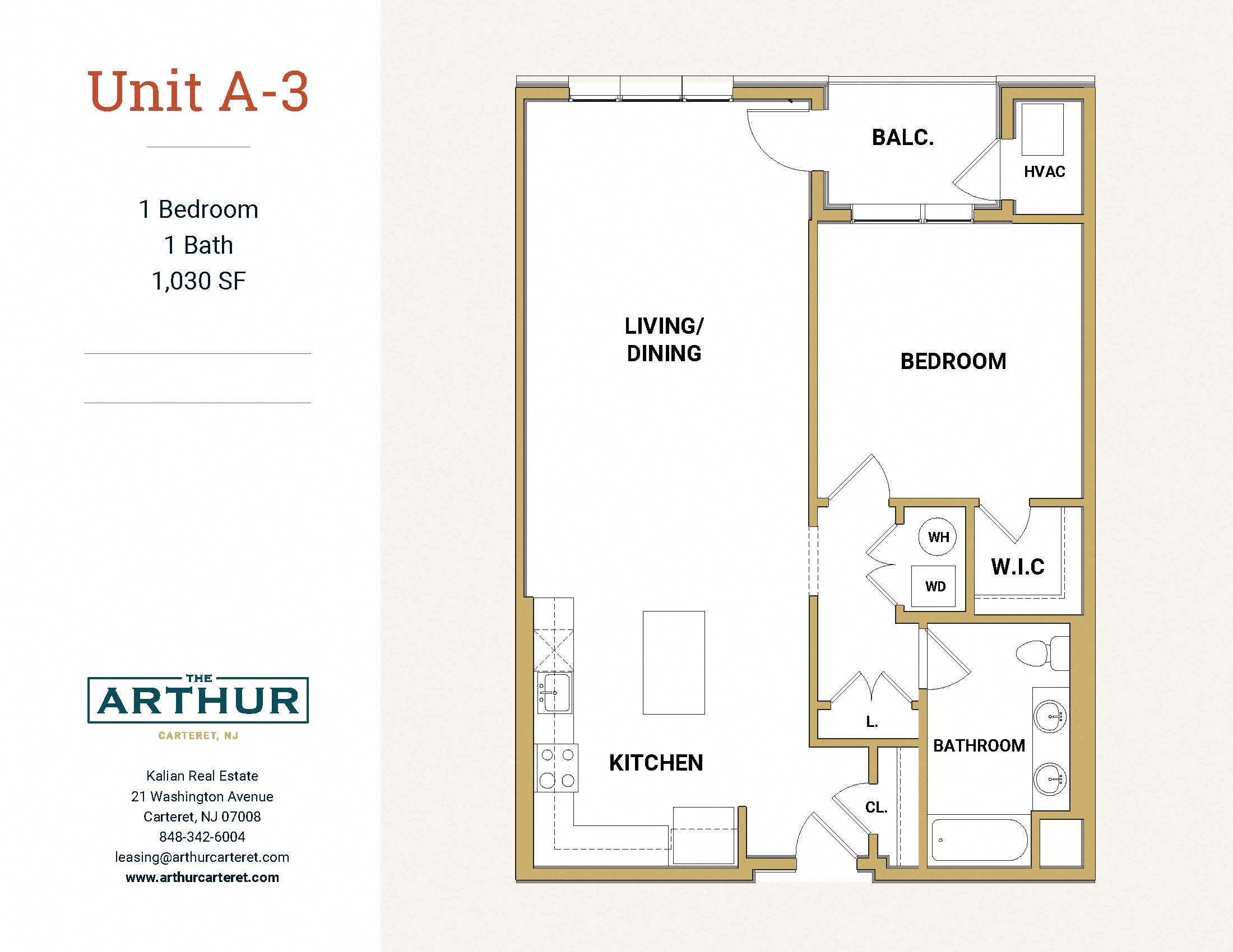 Floor plan for 1 bed, 1 bath, 1030 sqft