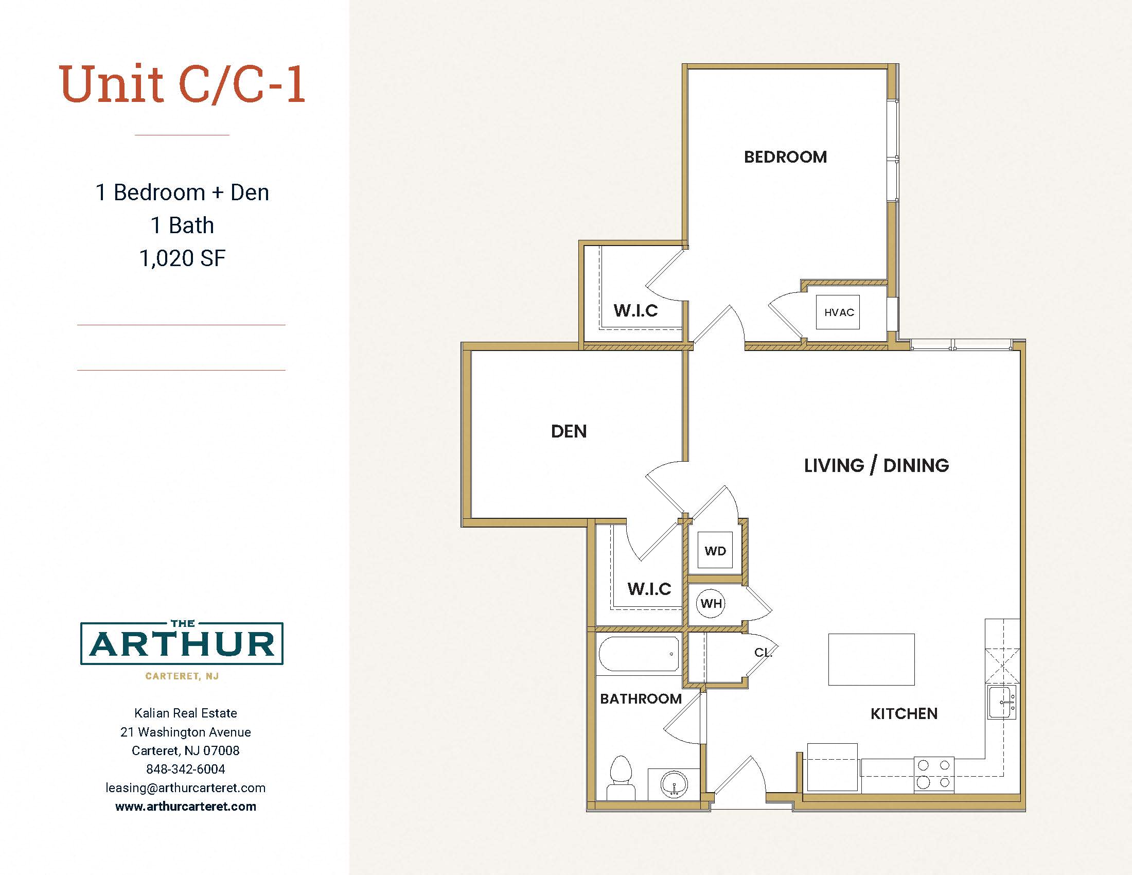 Floor plan for 1 bed, 1 bath, 1020 sqft