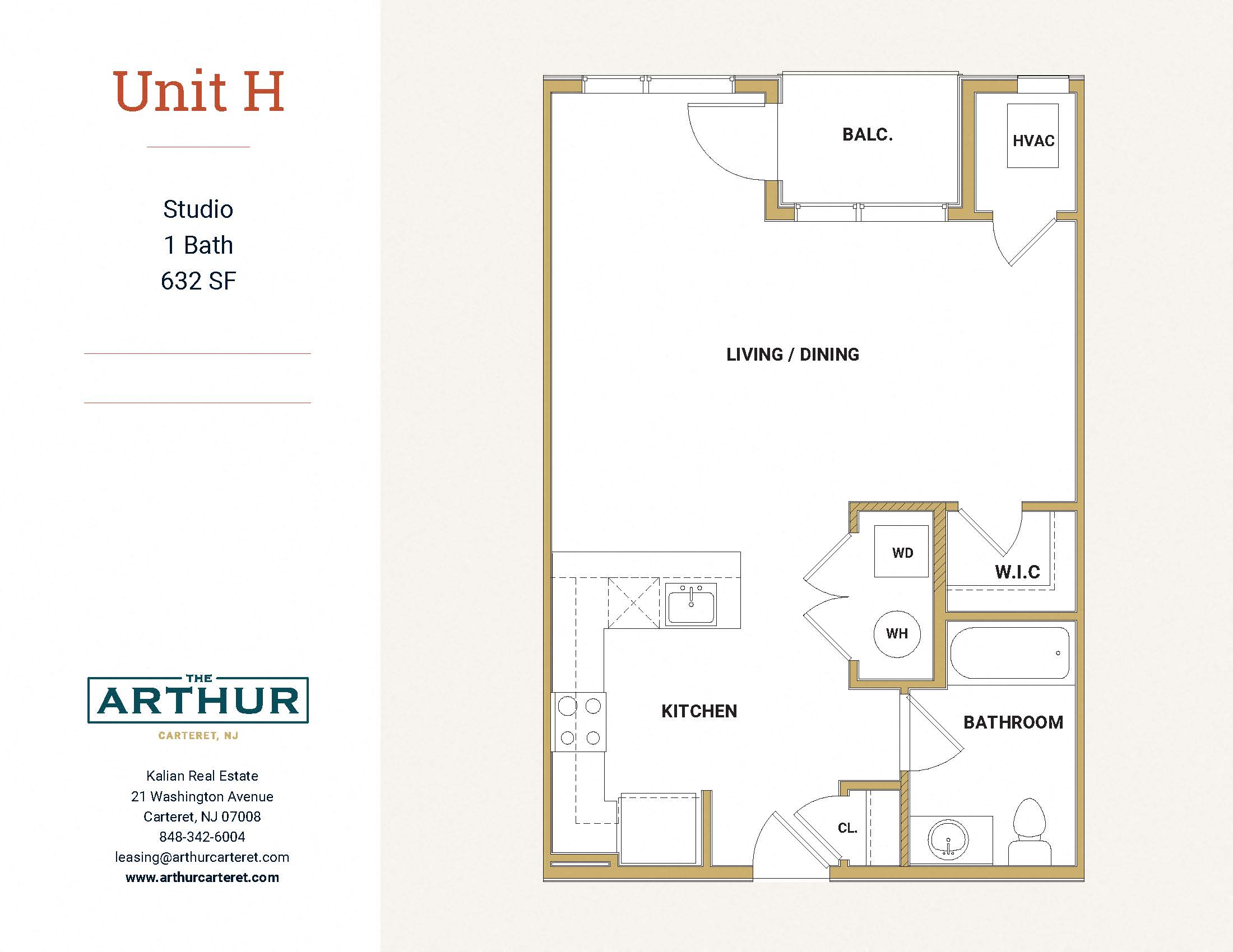 Floor plan for studio, 1 bath, 632 sqft