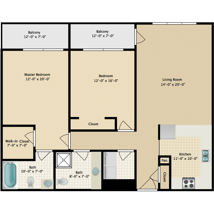 Floor plan for 2 beds, 2 baths, 1000 sqft