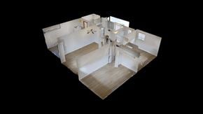 Edgewater house for rent - A 3D image of a house with a kitchen, living room, and bedrooms.