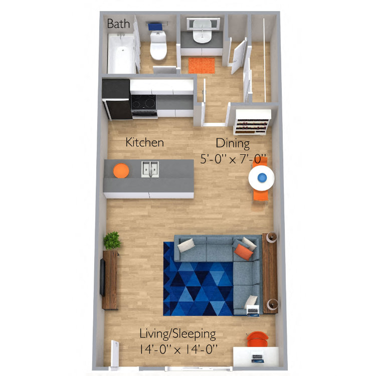 Floor plan for studio, 1 bath, 400 sqft