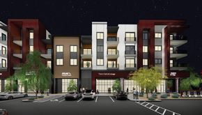 Las Vegas apartment for rent - Pearl rendering at night with cars parked in front