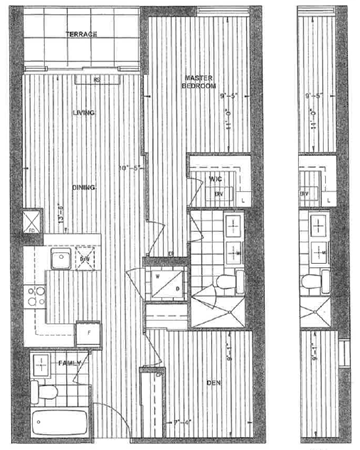 Toronto apartment for rent - A black and white floor plan of a two-story townhouse with a master bedroom on the second floor.