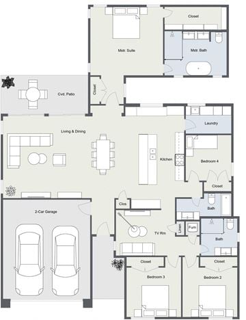 El Paso house for rent - A floor plan of a house with two bedrooms, a living room, a dining room, a kitchen, a bathroom, a laundry room, a garage, and a master suite.