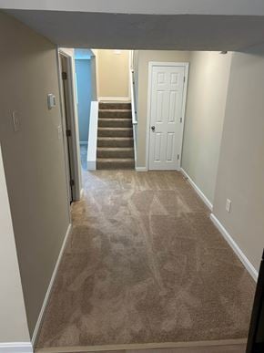 Elsmere house for rent - A hallway with a carpeted floor and a staircase leading to the second floor.