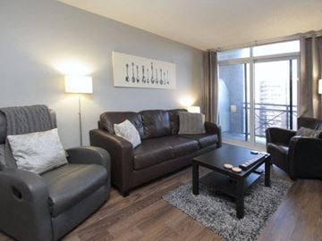 Etobicoke apartment for rent - A living room with brown leather furniture and a grey rug.