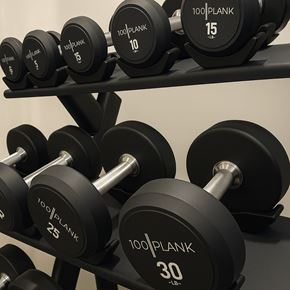 Bedford apartment for rent - A set of 100 Planck dumbbells are arranged on a rack.