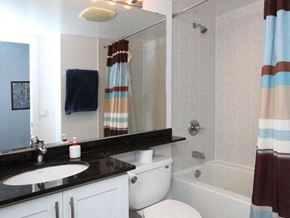 Toronto apartment for rent - A bathroom with a white toilet, sink, and shower.
