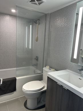 Toronto apartment for rent - A white toilet sits next to a sink in a bathroom.