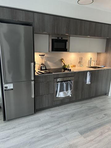 Toronto apartment for rent - A modern kitchen with a refrigerator, microwave, and a sink.
