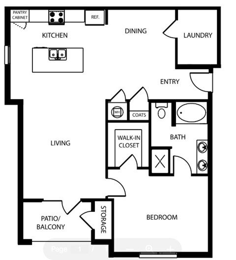 Floor plan for 1 bed, 1 bath, 1172 sqft