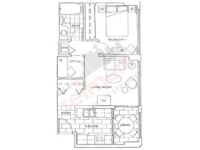 Vancouver apartment for rent - A floor plan of a house with labeled rooms such as Office, Bedroom, Living Room, Kitchen, Dining, Bath, and Entry.