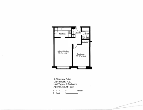 Floor plan for 1 bed, 1 bath