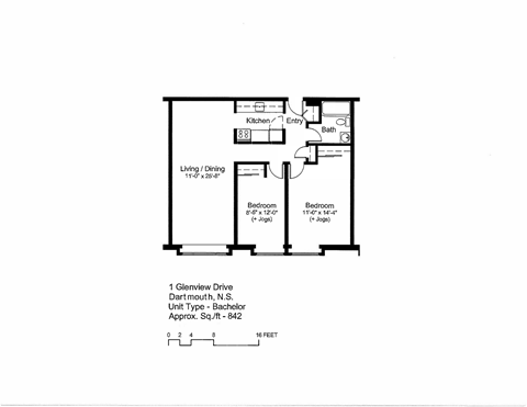 Floor plan for 2 beds, 1 bath