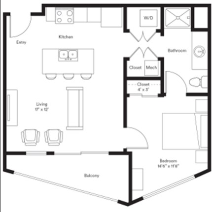 Floor plan for 1 bed, 1 bath, 635 sqft