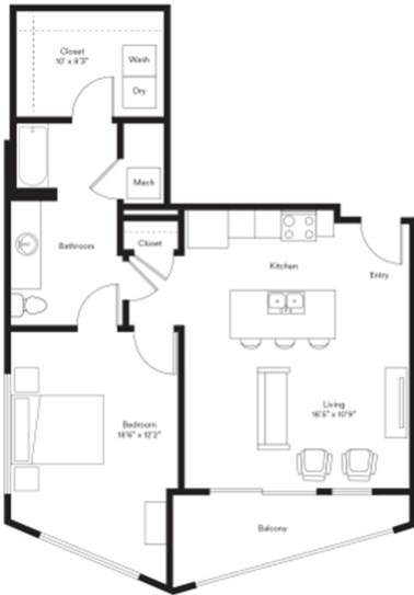 Floor plan for 1 bed, 1 bath, 808 sqft
