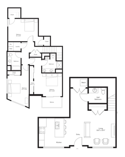 Floor plan for 3 beds, 3 baths, 1624 sqft