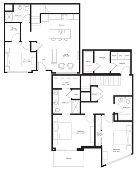Floor plan for 3 beds, 3 baths