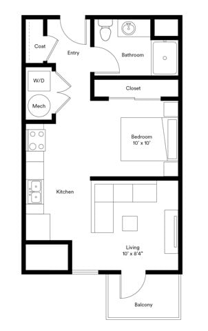 Floor plan for studio, 1 bath, 509 sqft
