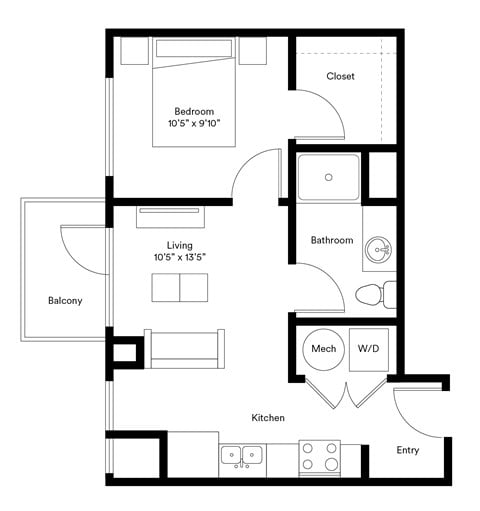 Floor plan for studio, 1 bath, 517 sqft