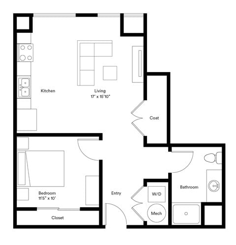 Floor plan for studio, 1 bath, 665 sqft