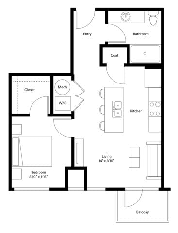Floor plan for 1 bed, 1 bath, 600 sqft