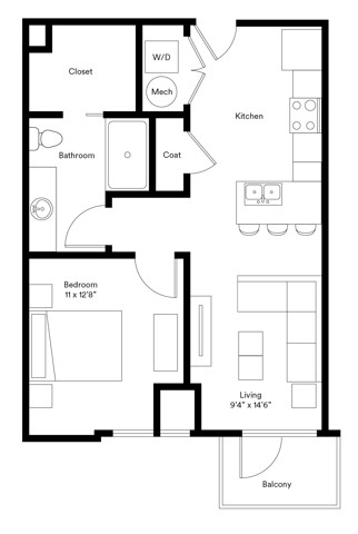 Floor plan for 1 bed, 1 bath, 663 sqft