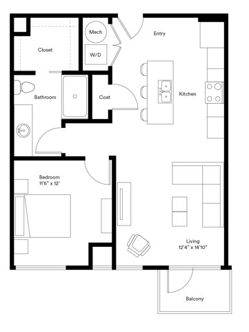 Floor plan for 1 bed, 1 bath, 713 sqft