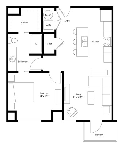 Floor plan for 1 bed, 1 bath, 768 sqft