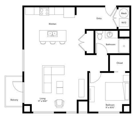 Floor plan for 1 bed, 1 bath, 825 sqft