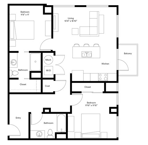 Floor plan for 2 beds, 2 baths, 1012 sqft