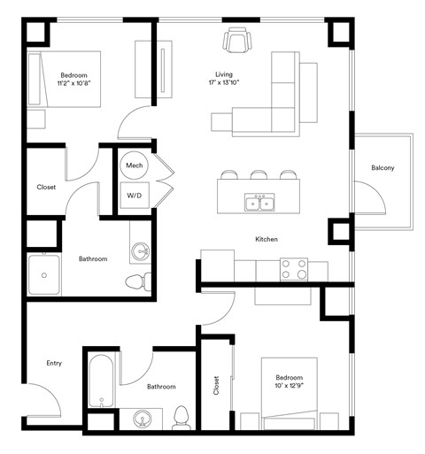 Floor plan for 2 beds, 2 baths, 1048 sqft