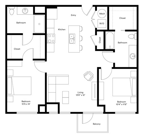 Floor plan for 2 beds, 2 baths, 1027 sqft