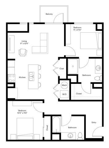 Floor plan for 2 beds, 2 baths, 1010 sqft