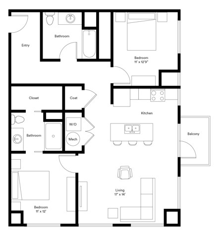Floor plan for 2 beds, 2 baths, 1048 sqft