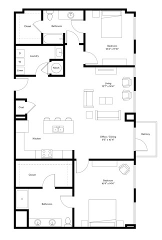 Floor plan for 2 beds, 2 baths, 1495 sqft