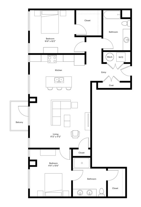 Floor plan for 2 beds, 2 baths, 1212 sqft