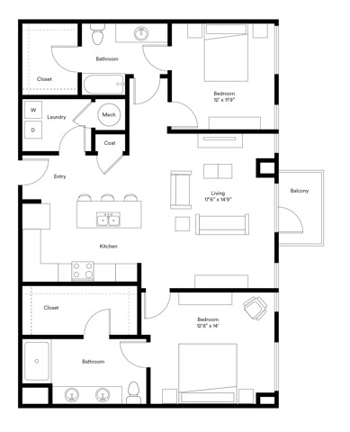 Floor plan for 2 beds, 2 baths, 1221 sqft